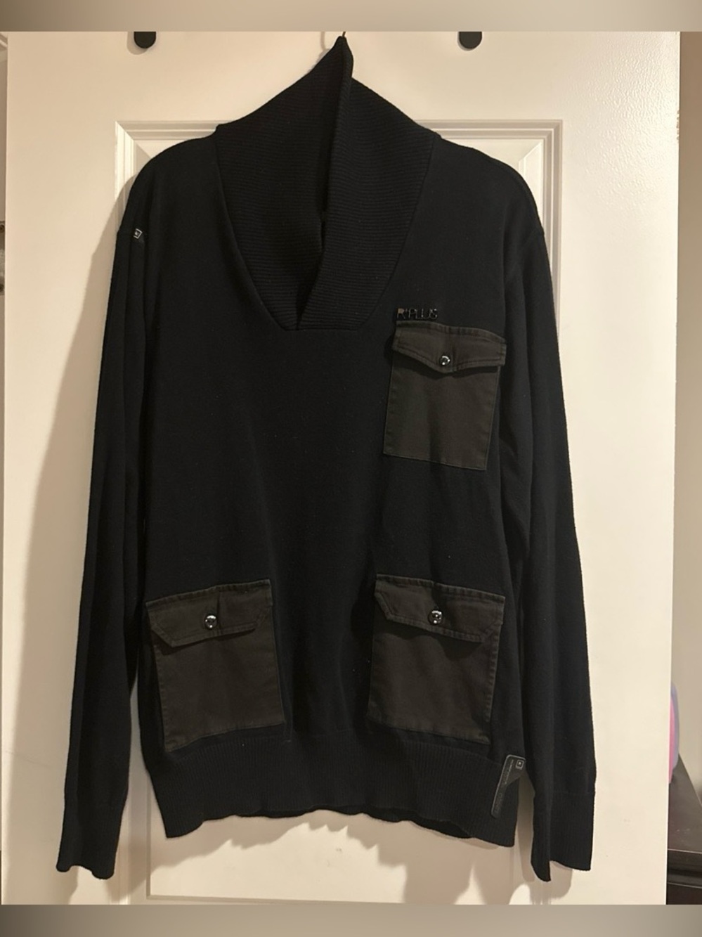 Rocawear Men's Black V-Neck Shawl Collar Sweater with Dark Pocket Accents